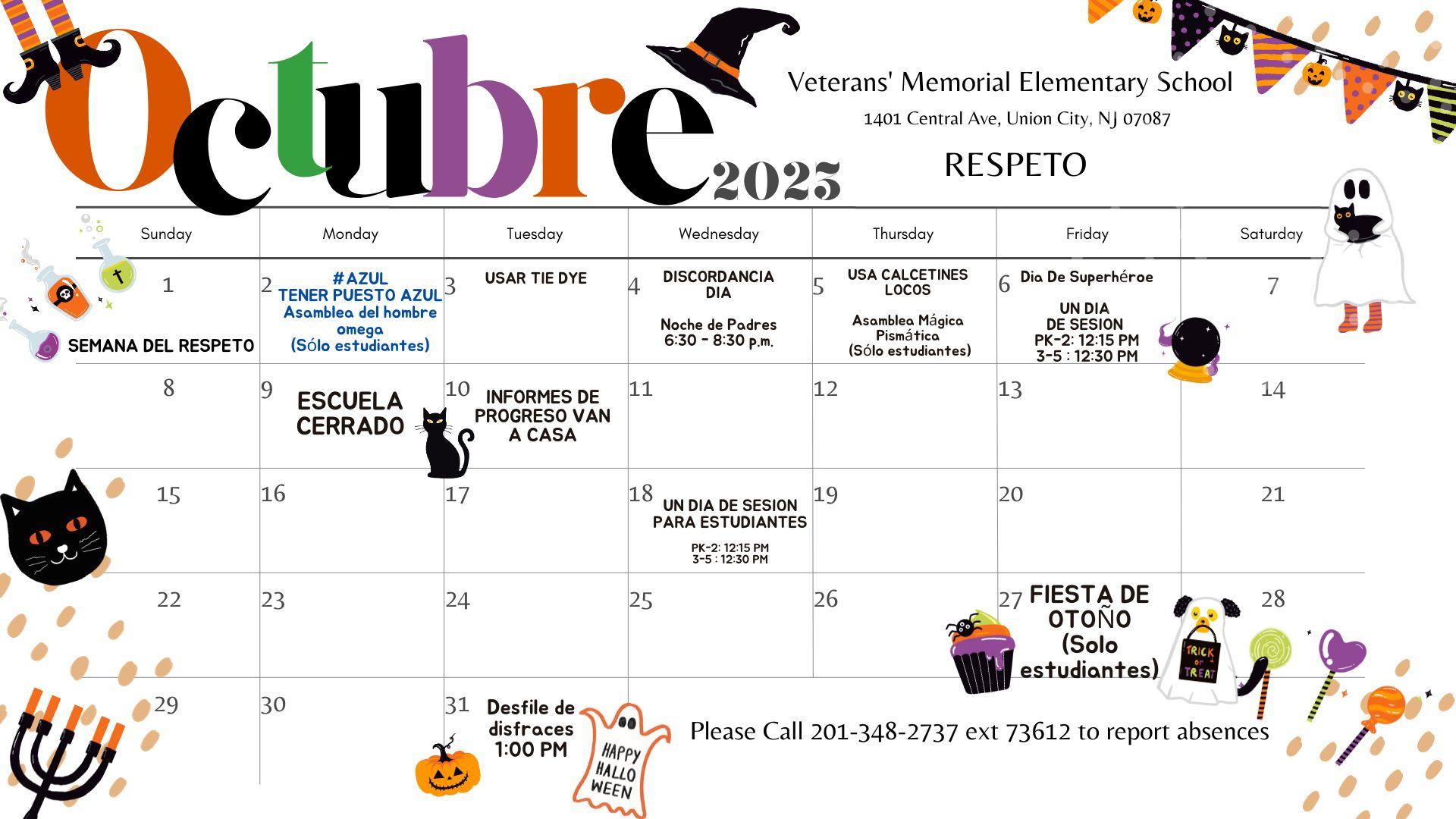 October 2023 Calendar-Veterans' Memorial School-Spanish