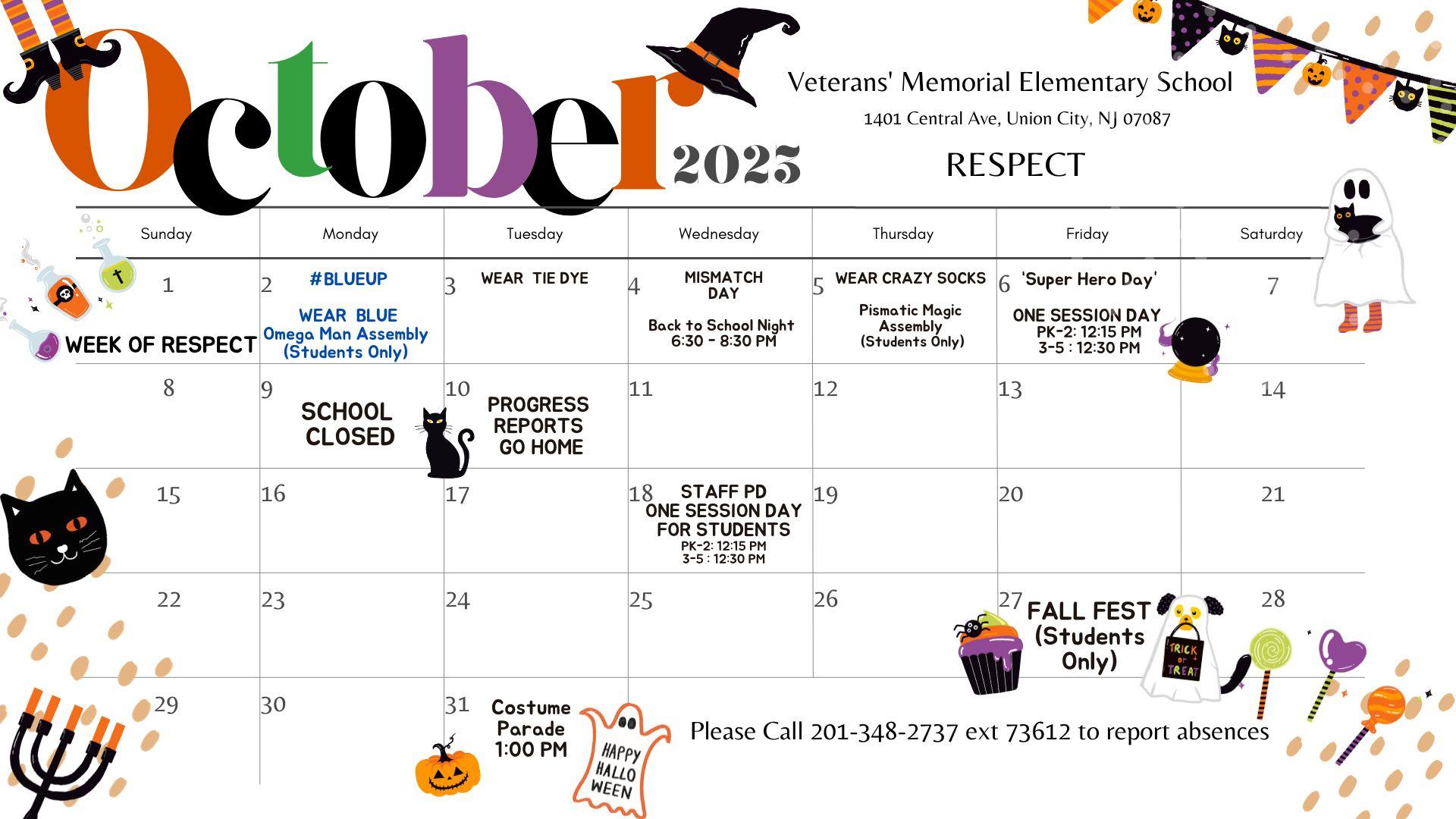 October 2023 Calendar-Veterans' Memorial School-English